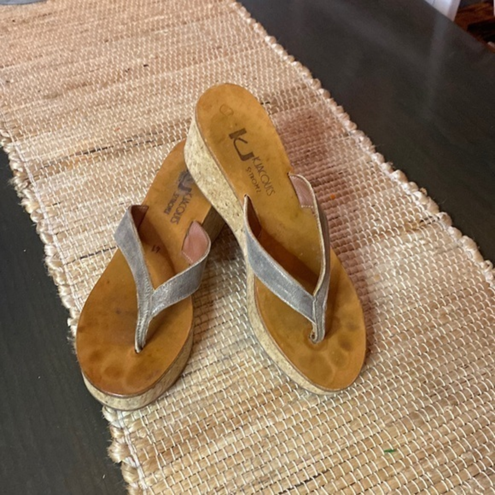 K.‎ Jacques St. Tropez Cork Wedge Pewter Leather Sandal Size 41